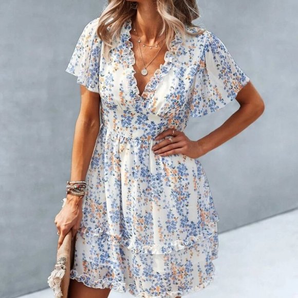 Boho Floral Print Frill Trim Dress cream Cottagecore - Picture 5 of 5